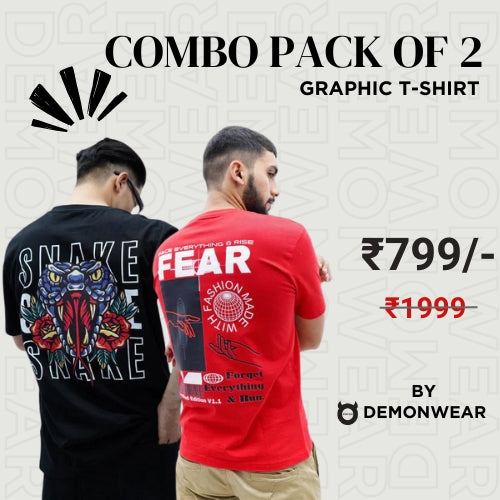 Demon Wear's Snake "Fear" Graphic Puff T-Shirt Combo Pack of 2 for Him"