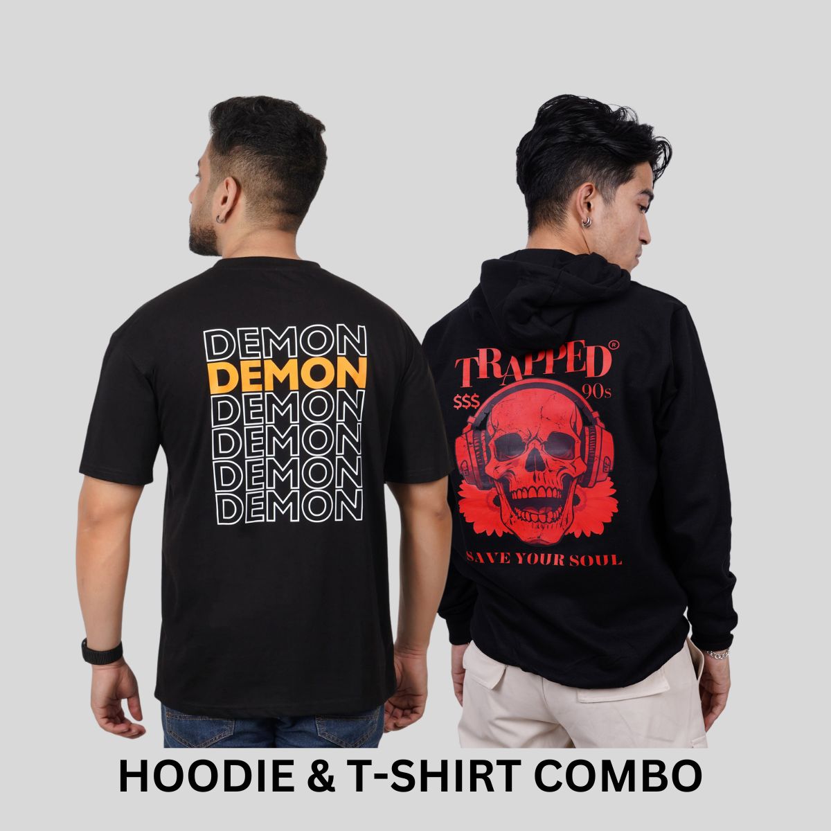 ULTIMATE COMBO - Trapped Black Hoodie + Demon Black Tees By Demonwear (DW007)