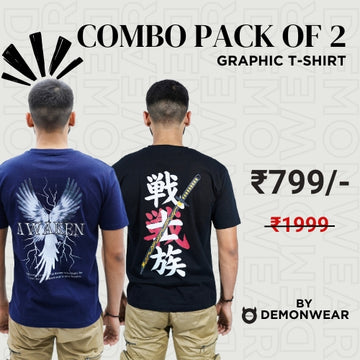 Demon Wear's Samurai "Awaken" Graphic Puff T-Shirt Combo Pack of 2 for Him