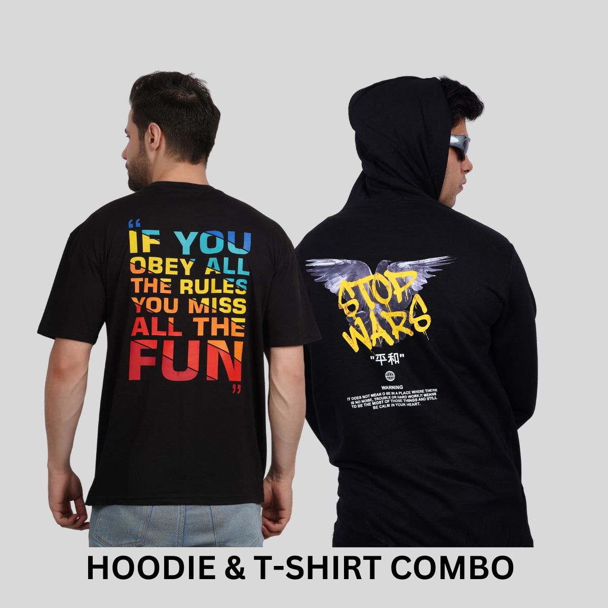 ULTIMATE COMBO - Stop Wars Black Hoodie +Multicolor Quote Black Tees By Demonwear (DW006)