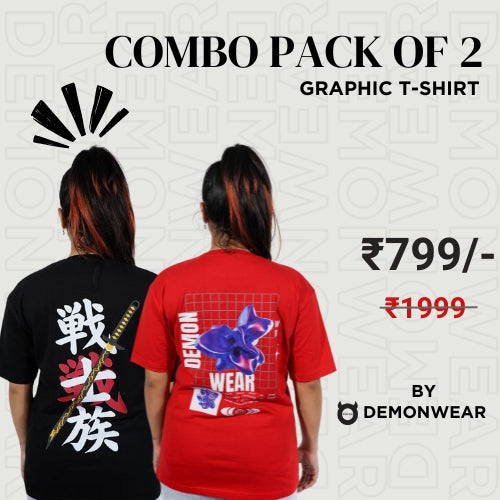 Demon Wear "Samurai" Graphic  T-Shirt By DemonWear Combo Pack Of 2 for Her