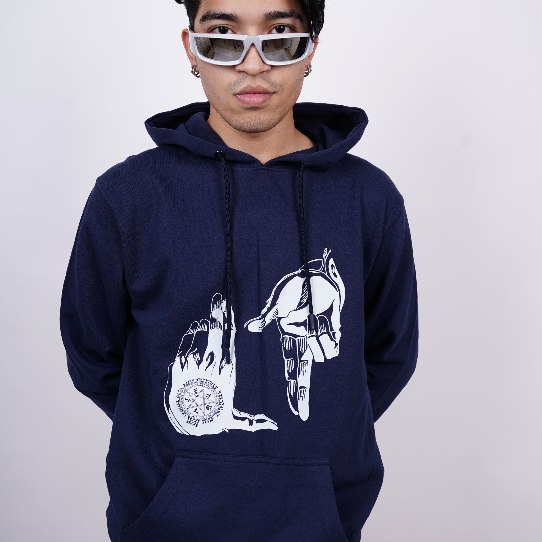 Alucard's Hand Symbol Relaxed Fit Navy Blue Hoodie For Men By DemonWear