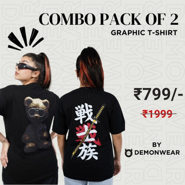 Demon Wear's Samurai "Teddy" Graphic T-Shirt Combo Pack Of 2 for Her