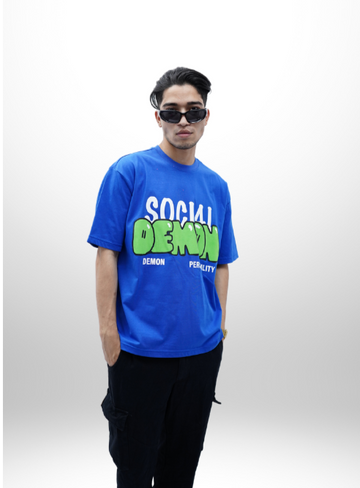 "Social Demon" Oversized Puff Print Blue T-Shirt By DemonWear for Him